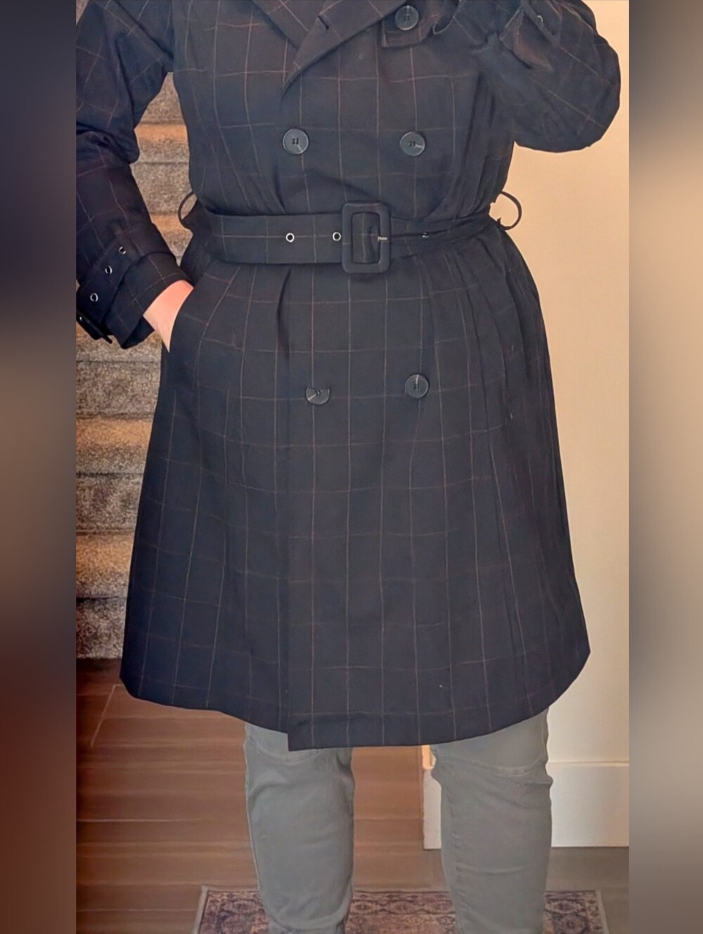 Ellen Tracy Black Double-Breasted Trench Coat with Waist Belt
